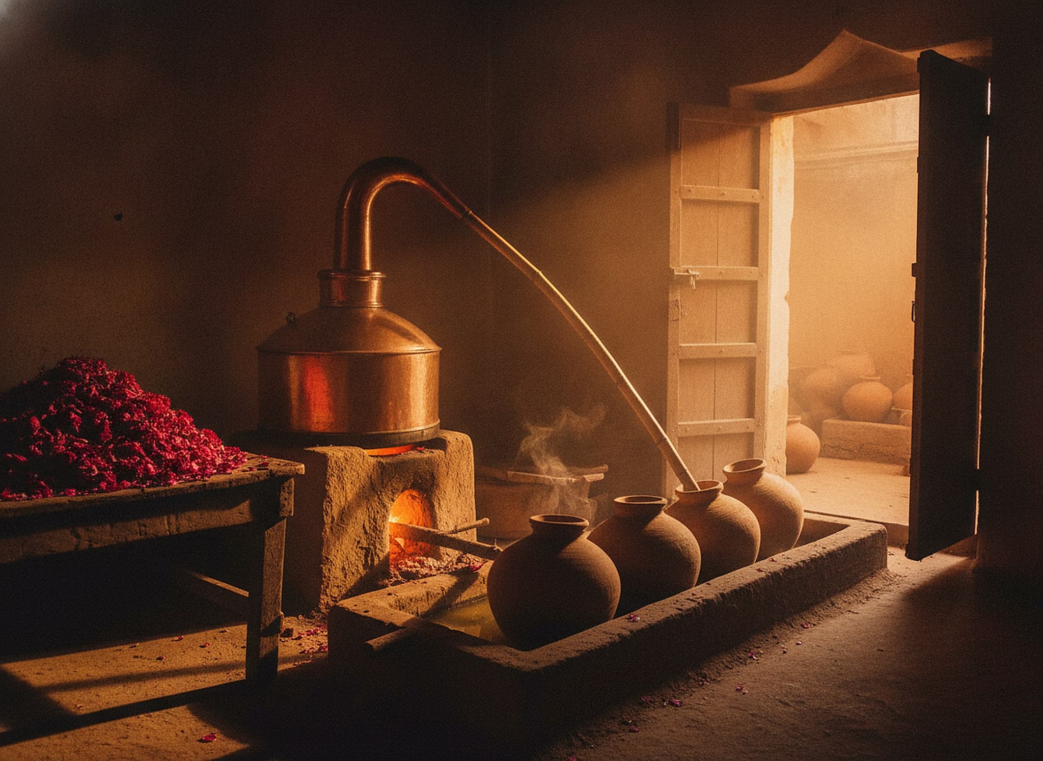 Copper deg still and rose petals in a traditional Kannauj attar distillery